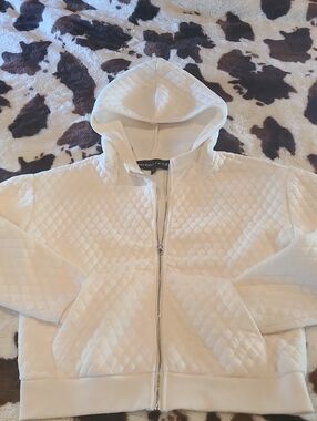 Kendall & Kylie Quilted Cream Hooded Zipper Front Sweat Jacket